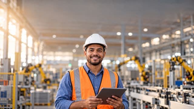 Engenheiro de produção sorrindo, com capacete branco e colete laranja sobre camisa azul, segurando um tablet, em uma fábrica moderna com linha de produção e braços robóticos