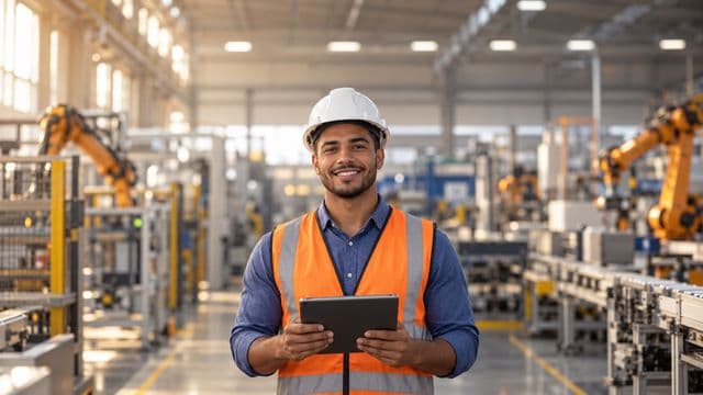 Engenheiro de produção sorrindo, com capacete branco e colete laranja sobre camisa azul, segurando um tablet, em uma fábrica moderna com linha de produção e braços robóticos