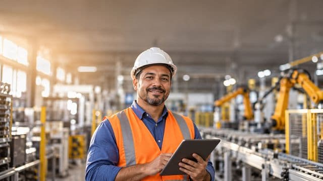 Engenheiro de produção sorrindo, com capacete branco e colete laranja sobre camisa azul, segurando um tablet, em uma fábrica moderna com linha de produção e braços robóticos