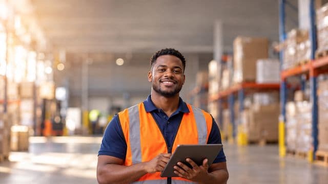 Profissional de logística sorrindo, com colete refletivo laranja sobre camisa polo azul, segurando um tablet, em um centro de distribuição com prateleiras altas e caixas