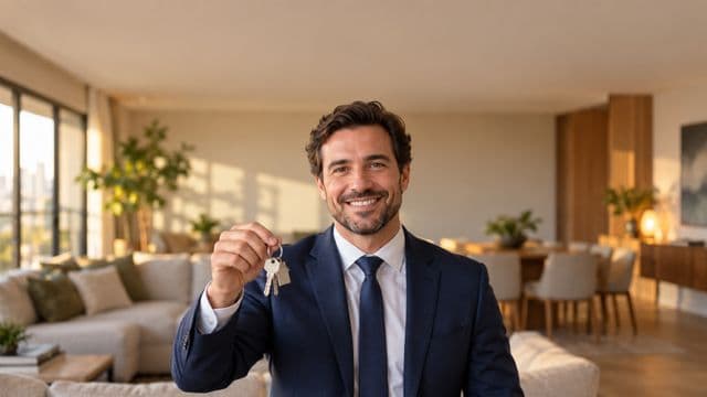 Corretor de imóveis sorrindo, com terno azul-marinho, segurando um molho de chaves, em a sala de um apartamento moderno e decorado