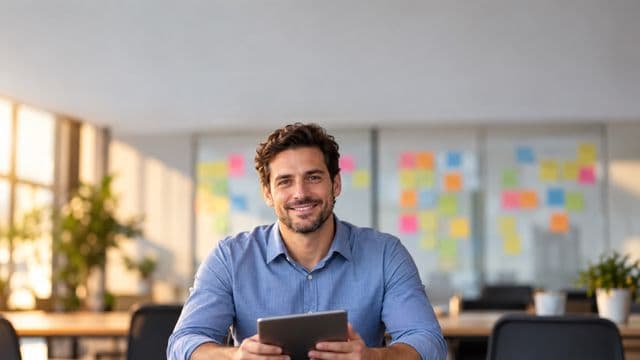 Gerente de projetos sorrindo, com camisa social azul, segurando um tablet, em uma sala de reunião com um quadro de tarefas cheio de post-its coloridos