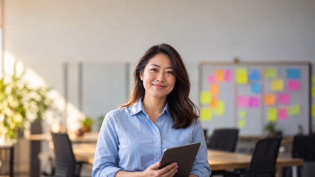 Gerente de projetos sorrindo, com camisa social azul, segurando um tablet, em uma sala de reunião com um quadro de tarefas cheio de post-its coloridos