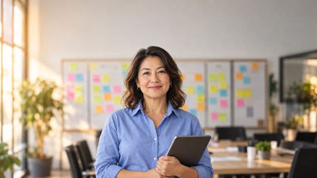 Gerente de projetos sorrindo, com camisa social azul, segurando um tablet, em uma sala de reunião com um quadro de tarefas cheio de post-its coloridos
