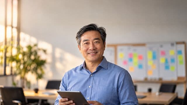Gerente de projetos sorrindo, com camisa social azul, segurando um tablet, em uma sala de reunião com um quadro de tarefas cheio de post-its coloridos