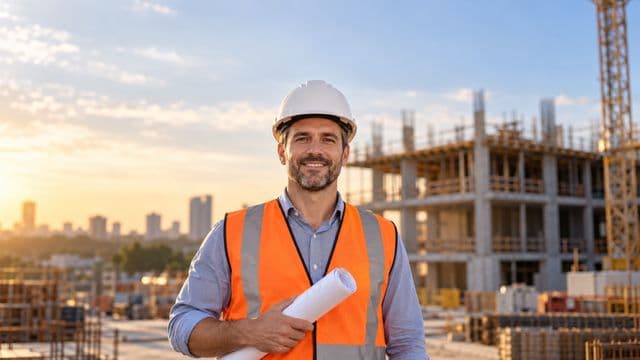 Engenheiro civil sorrindo, com capacete branco e colete refletivo laranja, segurando uma planta da obra enrolada, em um canteiro de obras com a estrutura de um prédio