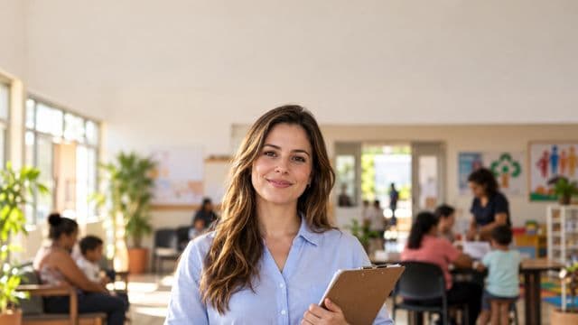 Assistente social sorrindo, com camisa azul-clara, segurando uma prancheta, em um centro de assistência social claro e acolhedor