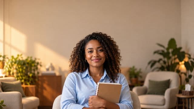 Psicóloga sorrindo, com camisa social azul, sem gravata, segurando um caderno de anotações, em um consultório de psicologia aconchegante com poltronas e plantas