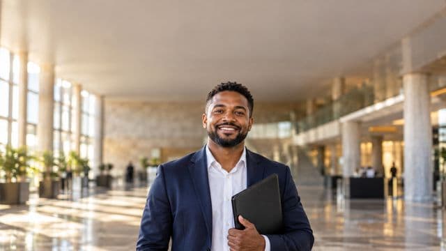 Servidor público sorrindo, com blazer azul-marinho sobre camisa branca, segurando uma pasta, em o saguão amplo de um prédio público moderno