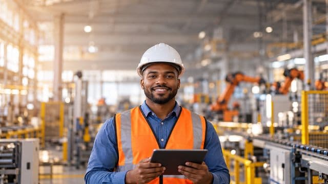 Engenheiro de produção sorrindo, com capacete branco e colete laranja sobre camisa azul, segurando um tablet, em uma fábrica moderna com linha de produção e braços robóticos