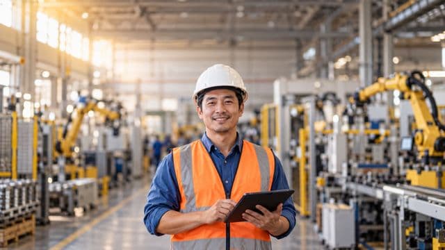 Engenheiro de produção sorrindo, com capacete branco e colete laranja sobre camisa azul, segurando um tablet, em uma fábrica moderna com linha de produção e braços robóticos