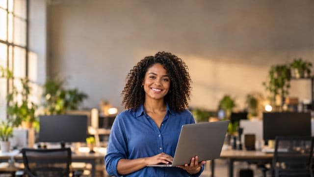 Desenvolvedora de software sorrindo, com camisa casual azul, segurando um notebook aberto, em um escritório de tecnologia moderno com monitores desfocados