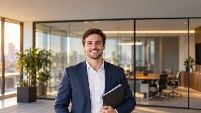 Profissional de recursos humanos sorrindo, com blazer azul sobre camisa branca, segurando uma pasta de documentos, em um escritório moderno com uma sala de reunião envidraçada