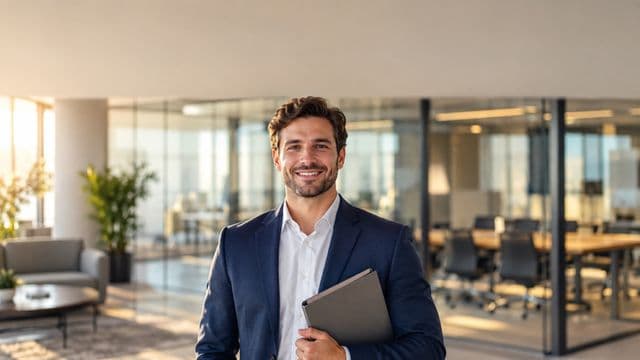 Profissional de recursos humanos sorrindo, com blazer azul sobre camisa branca, segurando uma pasta de documentos, em um escritório moderno com uma sala de reunião envidraçada