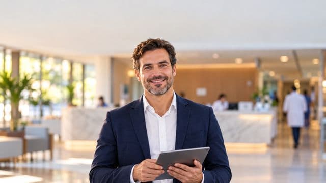 Gestor hospitalar sorrindo, com blazer azul-marinho sobre camisa branca, segurando um tablet, em a recepção de um hospital moderno