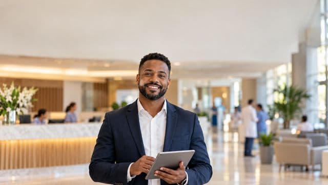 Gestor hospitalar sorrindo, com blazer azul-marinho sobre camisa branca, segurando um tablet, em a recepção de um hospital moderno