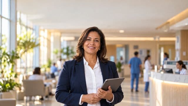 Gestora hospitalar sorrindo, com blazer azul-marinho sobre camisa branca, segurando um tablet, em a recepção de um hospital moderno