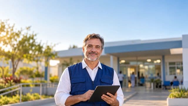 Agente de saúde pública sorrindo, com colete azul de equipe de saúde sobre camisa branca, segurando um tablet, em uma unidade básica de saúde moderna