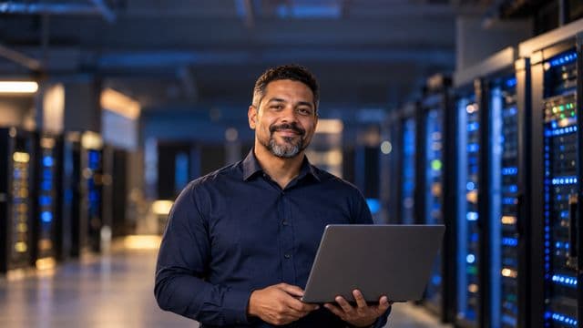 Especialista em segurança da informação sorrindo, com camisa social azul-escura, segurando um notebook, em uma sala de servidores com luzes azuis