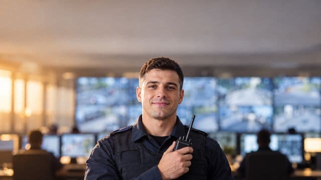 Profissional de segurança pública sorrindo, com farda azul-escura sem brasões, segurando um rádio comunicador, em uma central de monitoramento com telas