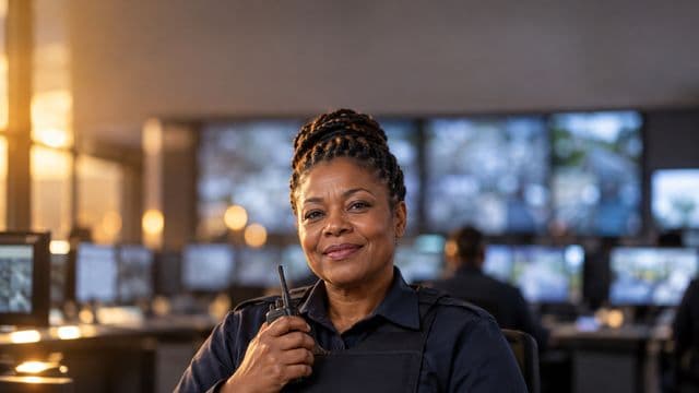Profissional de segurança pública sorrindo, com farda azul-escura sem brasões, segurando um rádio comunicador, em uma central de monitoramento com telas
