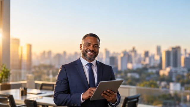 Analista financeiro sorrindo, com terno azul-marinho, segurando um tablet, em um escritório corporativo com vista para a cidade