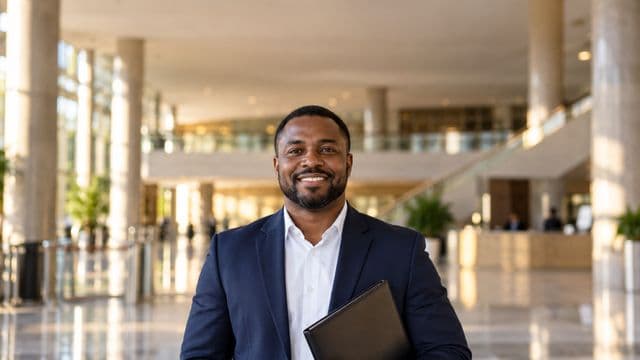 Servidor público sorrindo, com blazer azul-marinho sobre camisa branca, segurando uma pasta, em o saguão amplo de um prédio público moderno