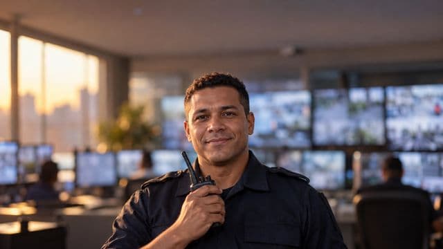 Profissional de segurança pública sorrindo, com farda azul-escura sem brasões, segurando um rádio comunicador, em uma central de monitoramento com telas