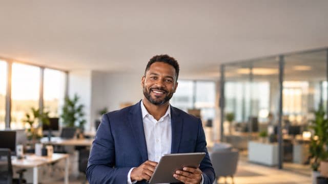 Profissional sorrindo, com blazer azul sobre camisa branca, segurando um tablet, em um escritório moderno e bem iluminado