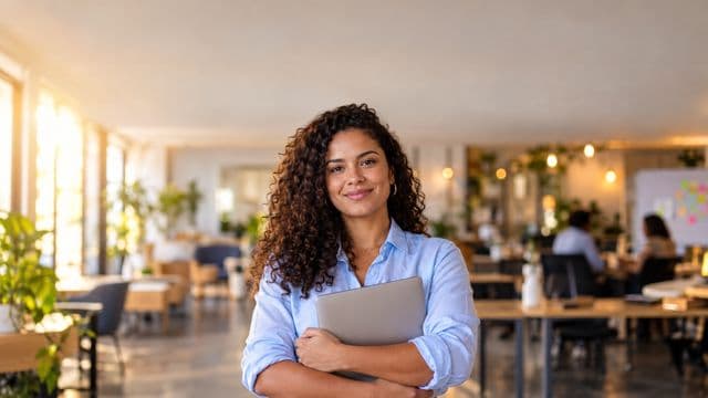 Empreendedora sorrindo, com camisa social azul com as mangas dobradas, segurando um notebook, em um espaço de coworking moderno e iluminado