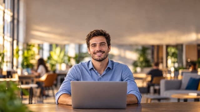 Empreendedor sorrindo, com camisa social azul com as mangas dobradas, segurando um notebook, em um espaço de coworking moderno e iluminado