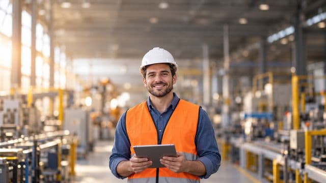 Técnico industrial sorrindo, com capacete branco e colete laranja sobre camisa azul, segurando um tablet, em uma fábrica moderna com linha de produção