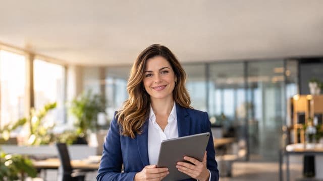 Profissional sorrindo, com blazer azul sobre camisa branca, segurando um tablet, em um escritório moderno e bem iluminado