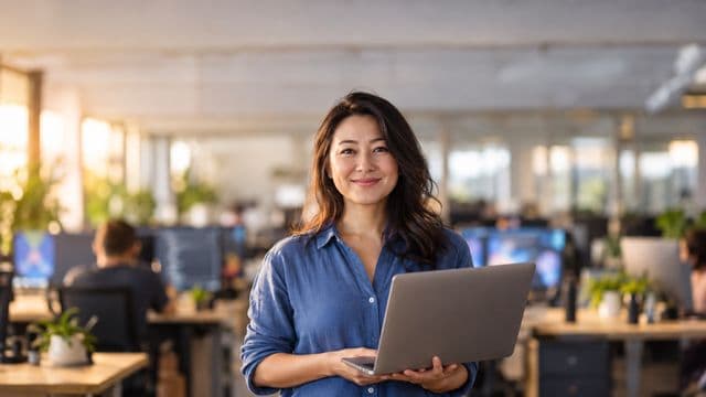 Desenvolvedora de software sorrindo, com camisa casual azul, segurando um notebook aberto, em um escritório de tecnologia moderno com monitores desfocados