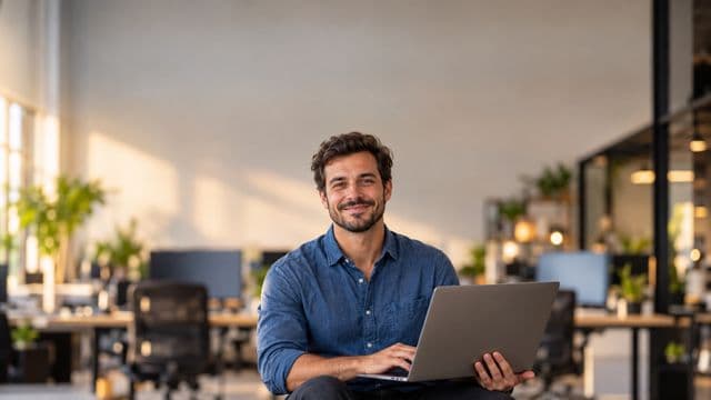 Desenvolvedor de software sorrindo, com camisa casual azul, segurando um notebook aberto, em um escritório de tecnologia moderno com monitores desfocados