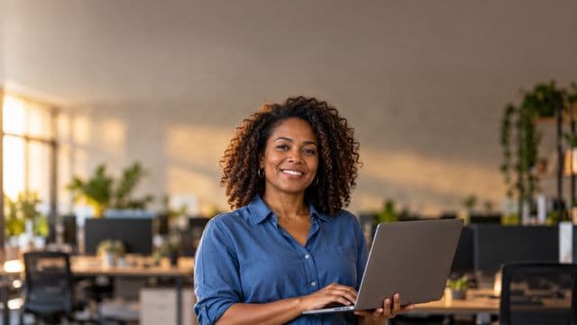 Desenvolvedora de software sorrindo, com camisa casual azul, segurando um notebook aberto, em um escritório de tecnologia moderno com monitores desfocados
