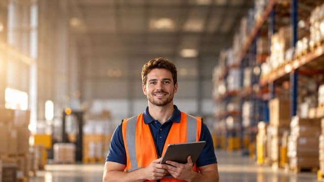 Profissional de logística sorrindo, com colete refletivo laranja sobre camisa polo azul, segurando um tablet, em um centro de distribuição com prateleiras altas e caixas