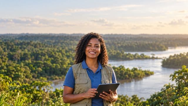 Gestor ambiental sorrindo, com camisa polo azul e colete de campo, segurando um tablet, em uma área de preservação com mata e um rio