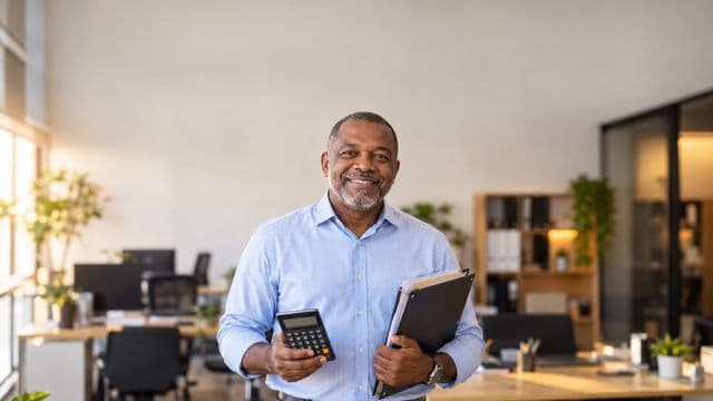 Contador sorrindo, com camisa social azul-clara, segurando uma calculadora e uma pasta de documentos, em um escritório contábil moderno