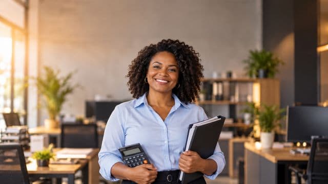 Contadora sorrindo, com camisa social azul-clara, segurando uma calculadora e uma pasta de documentos, em um escritório contábil moderno