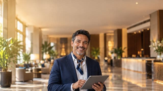 Profissional de turismo sorrindo, com blazer azul-marinho com lenço no pescoço, segurando um tablet, em o saguão de um hotel elegante