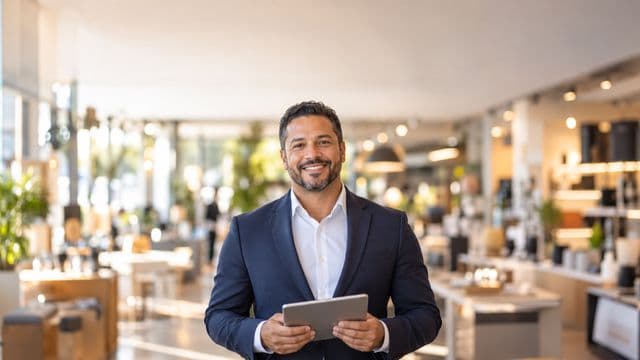 Gerente comercial sorrindo, com blazer azul-marinho sobre camisa branca, segurando um tablet, em uma loja moderna e bem iluminada
