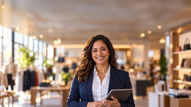 Gerente comercial sorrindo, com blazer azul-marinho sobre camisa branca, segurando um tablet, em uma loja moderna e bem iluminada