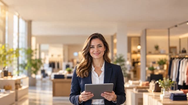 Gerente comercial sorrindo, com blazer azul-marinho sobre camisa branca, segurando um tablet, em uma loja moderna e bem iluminada
