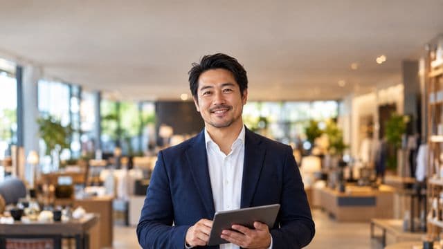 Gerente comercial sorrindo, com blazer azul-marinho sobre camisa branca, segurando um tablet, em uma loja moderna e bem iluminada