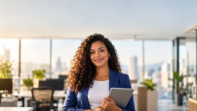 Profissional sorrindo, com blazer azul sobre camisa branca, segurando um tablet, em um escritório moderno e bem iluminado