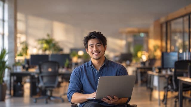 Desenvolvedor de software sorrindo, com camisa casual azul, segurando um notebook aberto, em um escritório de tecnologia moderno com monitores desfocados