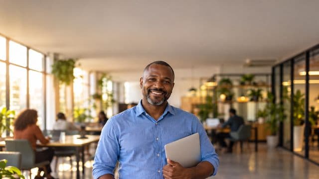 Empreendedor sorrindo, com camisa social azul com as mangas dobradas, segurando um notebook, em um espaço de coworking moderno e iluminado