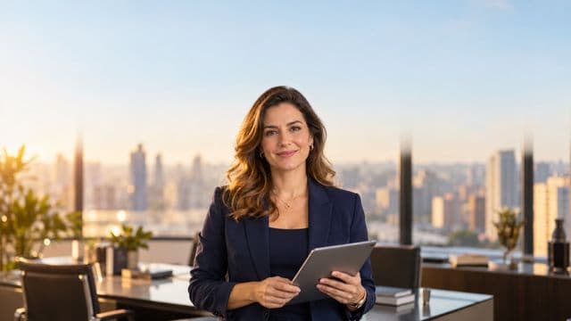 Analista financeira sorrindo, com terno azul-marinho, segurando um tablet, em um escritório corporativo com vista para a cidade