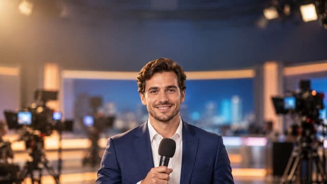 Jornalista sorrindo, com blazer azul sobre camisa branca, segurando um microfone sem logotipo, em um estúdio de televisão com luzes e câmeras desfocadas